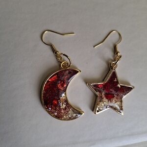 Gold Moon & Star Dangle Earrings with Red Inlay
